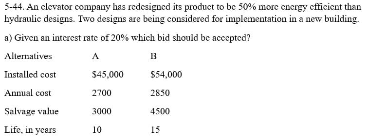 5-44. An elevator company has redesigned its product to be 50% more energy efficient than
hydraulic designs. Two designs are being considered for implementation in a new building.
a) Given an interest rate of 20% which bid should be accepted?
Alternatives
A
B
Installed cost
Annual cost
Salvage value
Life, in years
$45,000
2700
3000
10
$54,000
2850
4500
15