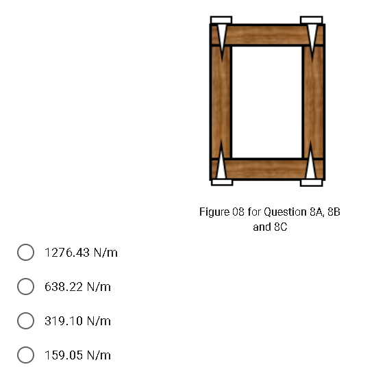 Figure 08 for Question 8A, 8B
and 8C
1276.43 N/m
638.22 N/m
319.10 N/m
159.05 N/m
