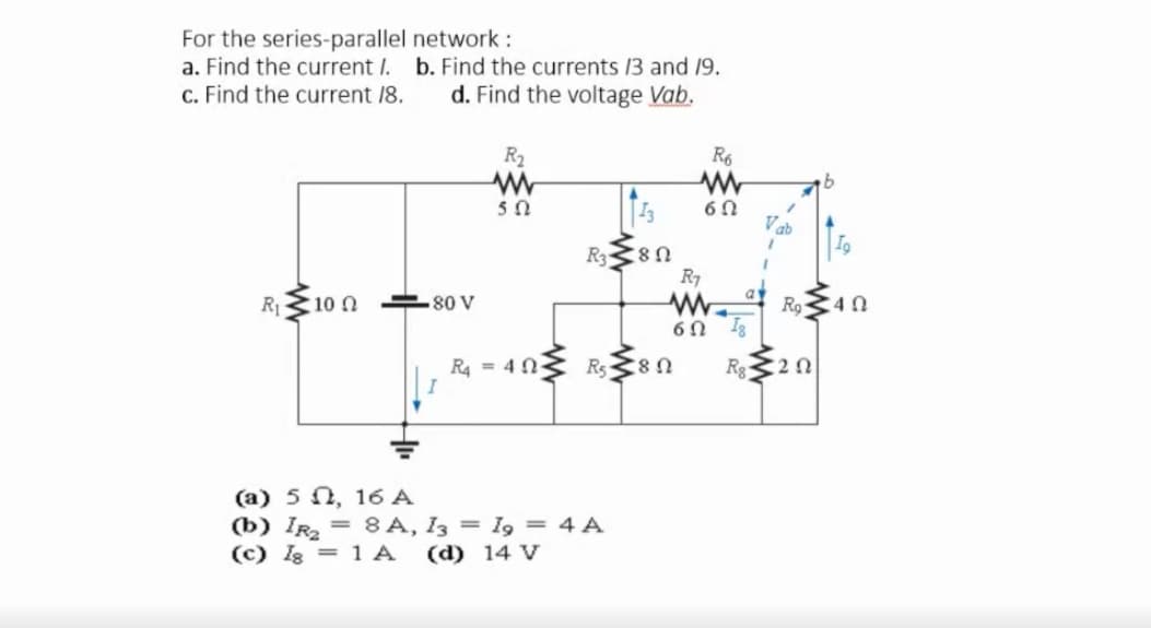 For the series-parallel network :
a. Find the current I. b. Find the currents 13 and 19.
c. Find the current /8.
d. Find the voltage Vab.
R2
R6
60
Vab
R3
R7
a
R 10 0
80 V
R9
R4 = 4 0-
Rs
Rg
(a) 5 N, 16 A
(b) IR = 8A, I3 = I9 = 4 A
(c) Ig = 1 A
(d) 14 V
