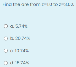 Find the are from z=1.0 to z=3.02.
O a. 5.74%
O b. 20.74%
O c. 10.74%
O d. 15.74%
