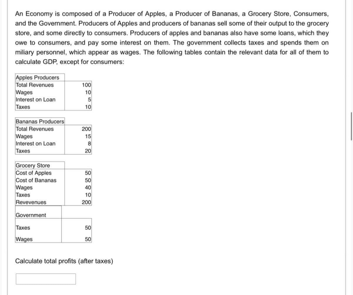 An Economy is composed of a Producer of Apples, a Producer of Bananas, a Grocery Store, Consumers,
and the Government. Producers of Apples and producers of bananas sell some of their output to the grocery
store, and some directly to consumers. Producers of apples and bananas also have some loans, which they
owe to consumers, and pay some interest on them. The government collects taxes and spends them on
miliary personnel, which appear as wages. The following tables contain the relevant data for all of them to
calculate GDP, except for consumers:
Apples Producers
Total Revenues
Wages
Interest on Loan
Taxes
100
10
10
Bananas Producers
Total Revenues
Wages
Interest on Loan
Taxes
200
15
20
Grocery Store
Cost of Apples
Cost of Bananas
Wages
Taxes
Revevenues
50
50
40
10
200
Government
Taxes
50
|Wages
50
Calculate total profits (after taxes)
