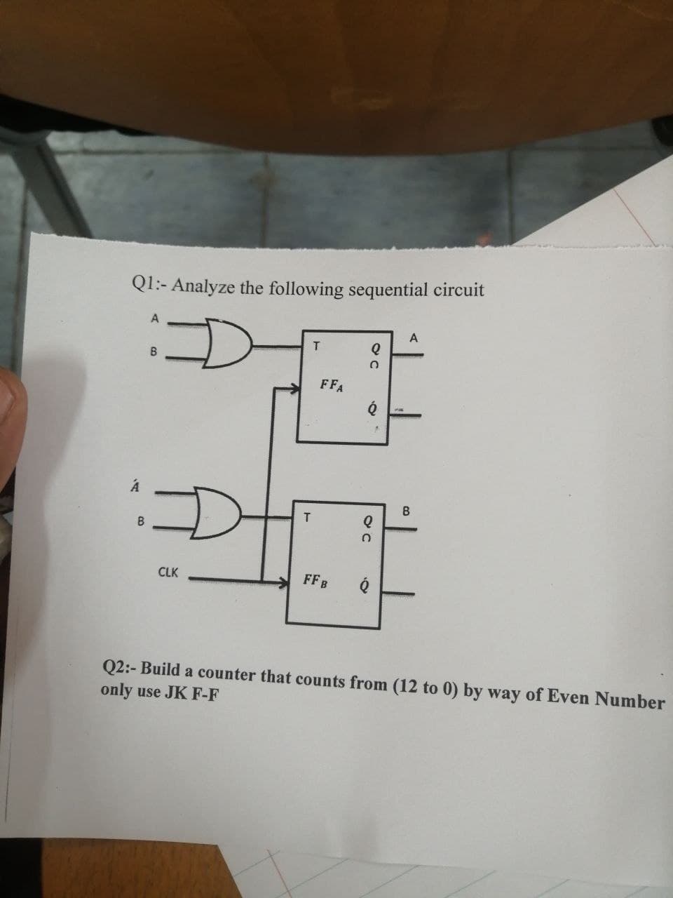 Q1:- Analyze the following sequential circuit
A.
A
T.
FFA
B.
CLK
FF B
Q2:- Build a counter that counts from (12 to 0) by way of Even Number
only use JK F-F
