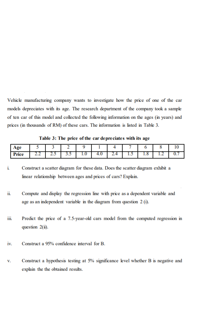 Table 3: The price of the car depreciates with its age
3
2
9.
1
4
6.
10
Age
Price
2.2
2.5
3.5
1.0
4.0
1.5
1.8
0.7
i.
Construct a scatter diagram for these data. Does the scatter diagram exhibit a
linear relationship between ages and prices of cars? Explain.
i.
Compute and display the regression line with price as a dependent variable and
age as an independent variable in the diagram from question 2 (1).
Predict the price of a 7.5-year-okd cars model from the computed regression in
IIL
question 2(i).
