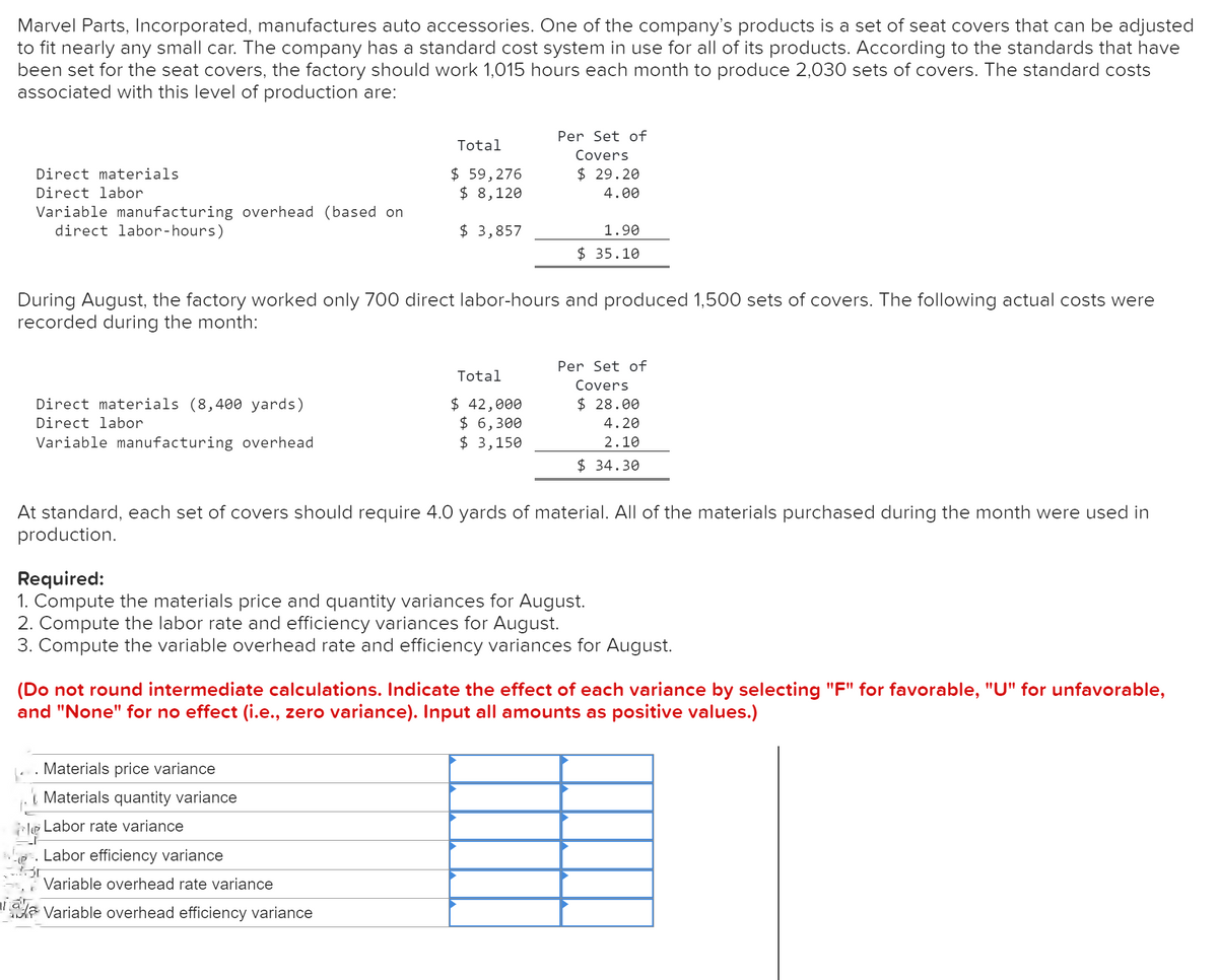 Marvel Parts, Incorporated, manufactures auto accessories. One of the company's products is a set of seat covers that can be adjusted
to fit nearly any small car. The company has a standard cost system in use for all of its products. According to the standards that have
been set for the seat covers, the factory should work 1,015 hours each month to produce 2,030 sets of covers. The standard costs
associated with this level of production are:
Direct materials
Direct labor
Variable manufacturing overhead (based on
direct labor-hours)
Direct materials (8,400 yards)
Direct labor
Variable manufacturing overhead
During August, the factory worked only 700 direct labor-hours and produced 1,500 sets of covers. The following actual costs were
recorded during the month:
Total
$ 59,276
$ 8,120
$ 3,857
Materials price variance
Materials quantity variance
Per Set of
Covers
$29.20
4.00
Total
$ 42,000
$ 6,300
$ 3,150
le Labor rate variance
-IP. Labor efficiency variance
1.90
$35.10
Variable overhead rate variance
Variable overhead efficiency variance
At standard, each set of covers should require 4.0 yards of material. All of the materials purchased during the month were used in
production.
Per Set of
Covers
$28.00
Required:
1. Compute the materials price and quantity variances for August.
2. Compute the labor rate and efficiency variances for August.
3. Compute the variable overhead rate and efficiency variances for August.
4.20
2.10
$ 34.30
(Do not round intermediate calculations. Indicate the effect of each variance by selecting "F" for favorable, "U" for unfavorable,
and "None" for no effect (i.e., zero variance). Input all amounts as positive values.)