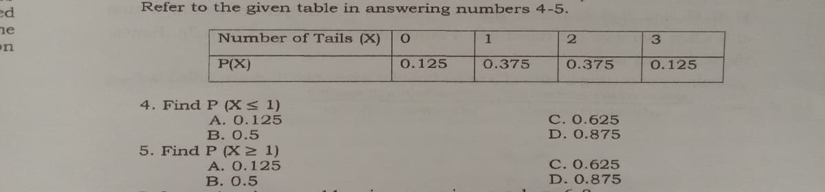 Refer to the given table in answering numbers 4-5.
ed
he
Number of Tails (X)
1
on
P(X)
0.125
0.375
0.375
О.125
4. Find P (X 1)
С. О.625
D. 0.875
A. 0.125
B. 0.5
5. Find P (X2 1)
А. О.125
В. 0.5
C. 0.625
D. 0.875
