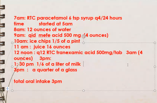 7am: RTC paracetamol 6 tsp syrup q4/24 hours
time
started at 5am
8am: 12 ounces of water
9am: qid mefe acid 500 mg 4 ounces)
10am: ice chips 1/5 of a pint .
11 am : juice 16 ounces
12 noon : q12 RTC tranexamic acid 500mg/tab 3am (4
ounces) 3pm:
1:/30 pm 1/6 of a liter of milk
3pm : a quarter of a glass
I
total oral intake 3pm
