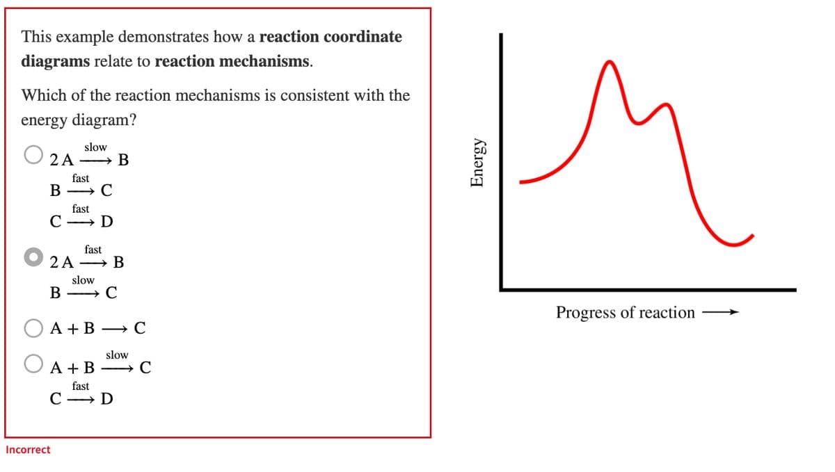 Incorrect
This example demonstrates how a reaction coordinate
diagrams relate to reaction mechanisms.
Which of the reaction mechanisms is consistent with the
energy diagram?
2 A
slow
→ В
fast
B C
fast
C → D
fast
2А → В
slow
B C
А + B → С
slow
А + B → С
fast
C D
Energy
Progress of reaction