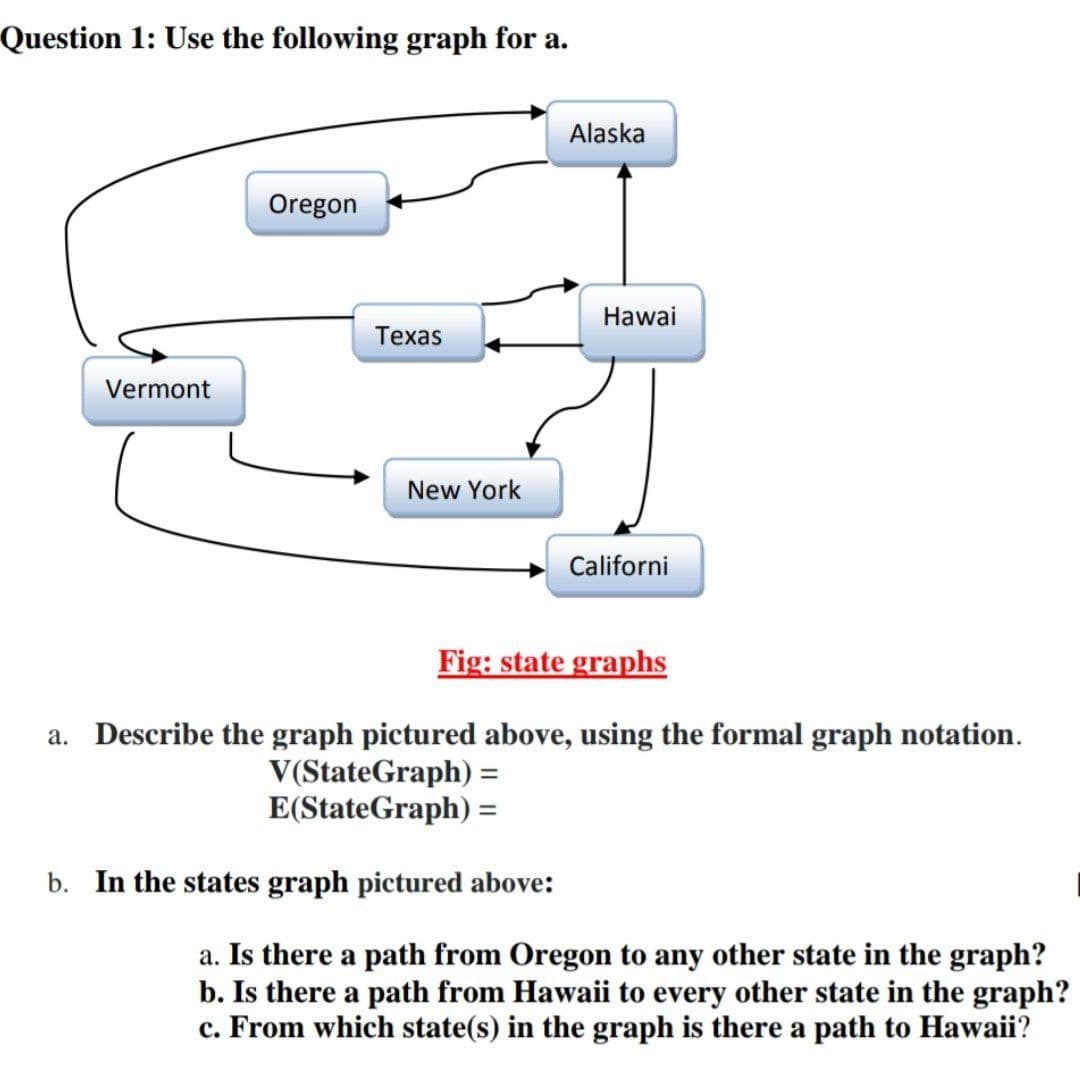 Question 1: Use the following graph for a.
Alaska
Oregon
Hawai
Texas
Vermont
New York
Californi
Fig: state graphs
a. Describe the graph pictured above, using the formal graph notation.
V(StateGraph) =
E(StateGraph) =
b. In the states graph pictured above:
a. Is there a path from Oregon to any other state in the graph?
b. Is there a path from Hawaii to every other state in the graph?
c. From which state(s) in the graph is there a path to Hawaii?
