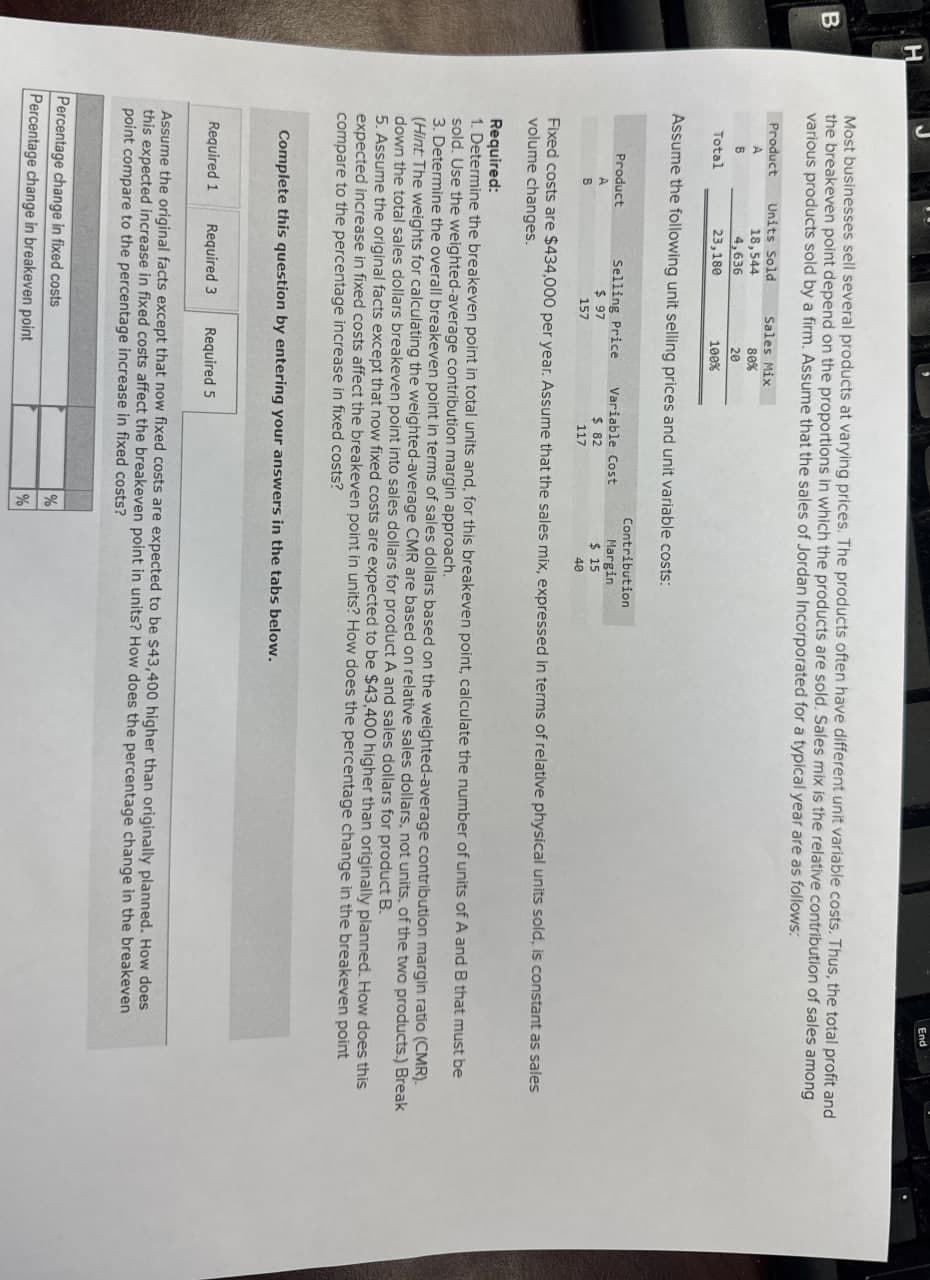 B
H
End
Most businesses sell several products at varying prices. The products often have different unit variable costs. Thus, the total profit and
the breakeven point depend on the proportions in which the products are sold. Sales mix is the relative contribution of sales among
various products sold by a firm. Assume that the sales of Jordan Incorporated for a typical year are as follows:
Product
A
B
Units Sold
Sales Mix
18,544
80%
4,636
23,180
20
100%
Total
Assume the following unit selling prices and unit variable costs:
Product
B
Selling Price
$ 97
157
Variable Cost
$ 82
Contribution
Margin
$ 15
117
40
Fixed costs are $434,000 per year. Assume that the sales mix, expressed in terms of relative physical units sold, is constant as sales
volume changes.
Required:
1. Determine the breakeven point in total units and, for this breakeven point, calculate the number of units of A and B that must be
sold. Use the weighted-average contribution margin approach.
3. Determine the overall breakeven point in terms of sales dollars based on the weighted-average contribution margin ratio (CMR).
(Hint: The weights for calculating the weighted-average CMR are based on relative sales dollars, not units, of the two products.) Break
down the total sales dollars breakeven point into sales dollars for product A and sales dollars for product B.
5. Assume the original facts except that now fixed costs are expected to be $43,400 higher than originally planned. How does this
expected increase in fixed costs affect the breakeven point in units? How does the percentage change in the breakeven point
compare to the percentage increase in fixed costs?
Complete this question by entering your answers in the tabs below.
Required 1 Required 3 Required 5
Assume the original facts except that now fixed costs are expected to be $43,400 higher than originally planned. How does
this expected increase in fixed costs affect the breakeven point in units? How does the percentage change in the breakeven
point compare to the percentage increase in fixed costs?
Percentage change in fixed costs
%
Percentage change in breakeven point
%
