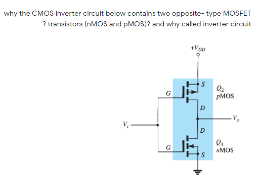 why the CMOS inverter circuit below contains two opposite- type MOSFET
? transistors (NMOS and PMOS)? and why called inverter circuit
+VDD
G
PMOS
NMOS
