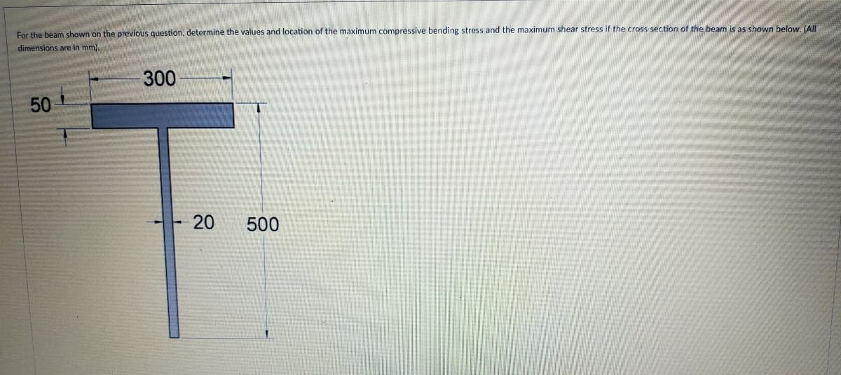 For the beam shown on the previous question, determine the values and location of the maximum compressive bending stress and the maximum shear stress if the cross section of the beam is as shown below. (All
dimensions are in mm).
300
50
500
20
