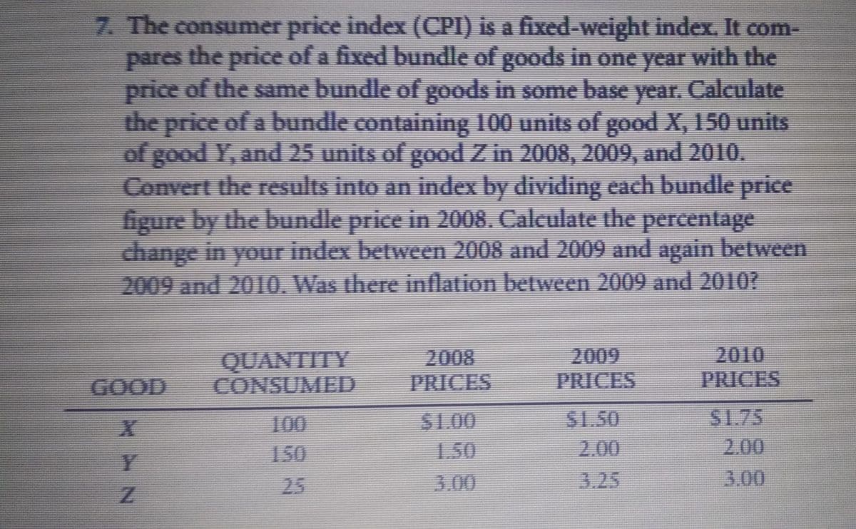 7. The consumer price index (CPI) is a fixed-weight index. It com-
pares the price of a fixed bundle of goods in one year with the
price of the same bundle of goods in some base year. Calculate
the price of a bundle containing 100 units of good X, 150 units
of good Y, and 25 units of good Z in 2008, 2009, and 2010.
Convert the results into an index by dividing each bundle price
figure by the bundle price in 2008. Caleulate the percentage
change in your index between 2008 and 2009 and again between
2009 and 2010. Was there inflation between 2009 and 2010?
2008
PRICES
2010
PRICES
2009
QUANTITY
CONSUMED
GOOD
PRICES
100
S1.00
51.50
S1.75
150
1.50
2.00
2.00
25
3.00
3.25
3.00
