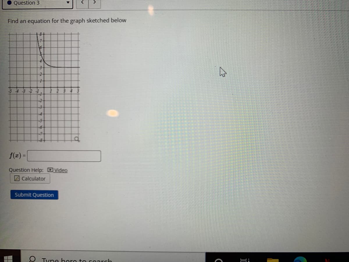 Question 3
Find an equation for the graph sketched below
8-
7-
-5 4
-2
-구
f(2) - [
Question Help: DVideo
2 Calculator
Submit Question
Tyne hero to coarch
