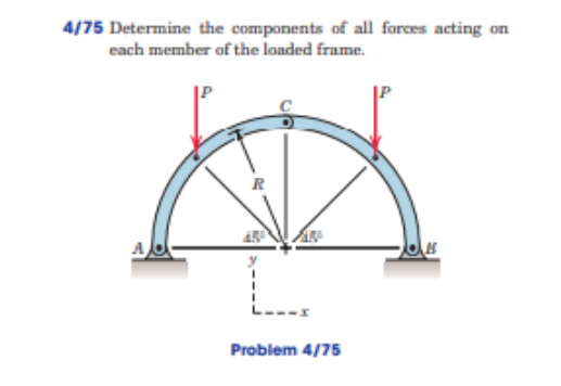 4/75 Determine the components of all forces acting on
cach member of the loaded frame.
R
AR
A
Problem 4/75
