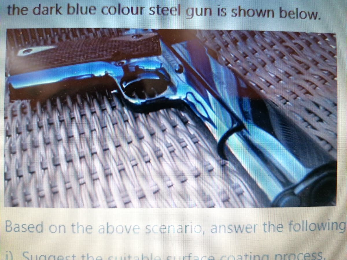 the dark blue colour steel gun is shown below.
Based on the above scenario, answer the following
) Sugest the cuitable rfece rnating process.
