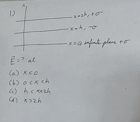 1)
E = ? at
(a) x <o
(b) ocxch
(c) h <x<2h
(d) x>2h
-x=zh, to
-x=h, -0
== 0, infinite plane to