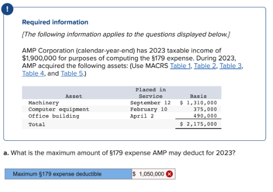 !
Required information
[The following information applies to the questions displayed below.]
AMP Corporation (calendar-year-end) has 2023 taxable income of
$1,900,000 for purposes of computing the §179 expense. During 2023,
AMP acquired the following assets: (Use MACRS Table 1, Table 2, Table 3,
Table 4, and Table 5.)
Asset
Machinery
Computer equipment
Office building
Total
Placed in
Service
September 12
February 10
April 2
Maximum $179 expense deductible
a. What is the maximum amount of $179 expense AMP may deduct for 2023?
Basis
$ 1,310,000
375,000
490,000
$ 2,175,000
$1,050,000