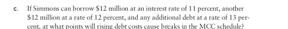 C.
If Simmons can borrow $12 million at an interest rate of 11 percent, another
$12 million at a rate of 12 percent, and any additional debt at a rate of 13 per-
cent, at what points will rising debt costs cause breaks in the MCC schedule?