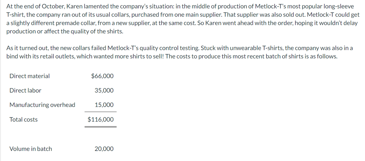 At the end of October, Karen lamented the company's situation: in the middle of production of Metlock-T's most popular long-sleeve
T-shirt, the company ran out of its usual collars, purchased from one main supplier. That supplier was also sold out. Metlock-T could get
a slightly different premade collar, from a new supplier, at the same cost. So Karen went ahead with the order, hoping it wouldn't delay
production or affect the quality of the shirts.
As it turned out, the new collars failed Metlock-T's quality control testing. Stuck with unwearable T-shirts, the company was also in a
bind with its retail outlets, which wanted more shirts to sell! The costs to produce this most recent batch of shirts is as follows.
Direct material
Direct labor
Manufacturing overhead
Total costs
Volume in batch
$66,000
35,000
15,000
$116,000
20,000