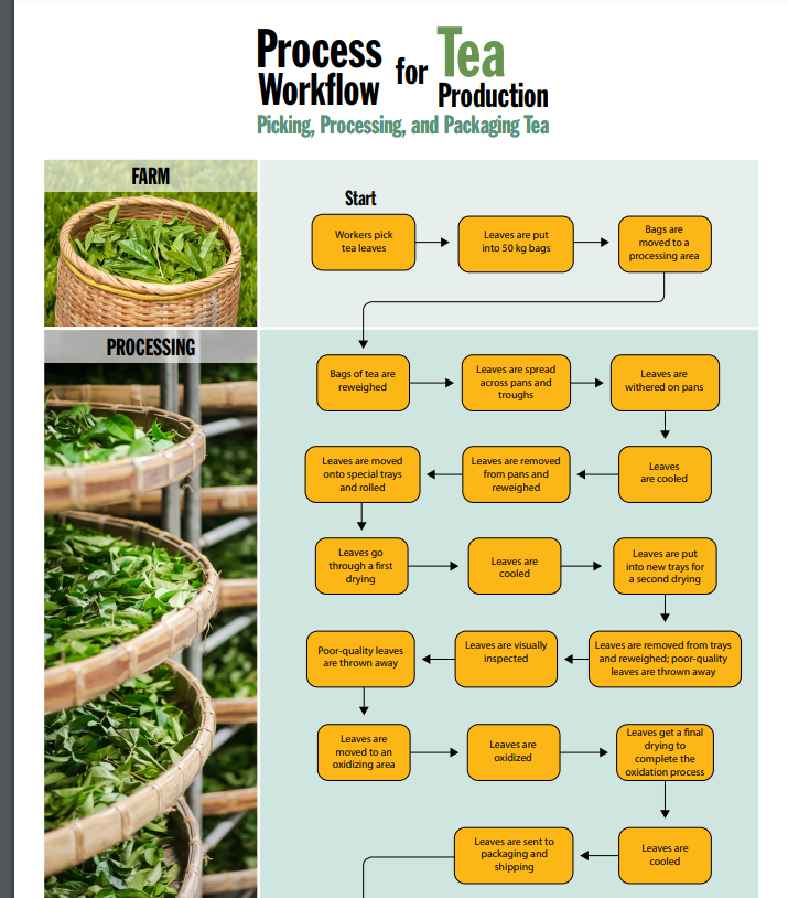 FARM
Process for Tea
Workflow
Production
Picking, Processing, and Packaging Tea
Start
Workers pick
tea leaves
PROCESSING
Bags of tea are
reweighed
Leaves are moved
onto special trays
and rolled
Leaves are put
into 50 kg bags
Bags are
moved to a
processing area
Leaves are spread
across pans and
troughs
Leaves are
withered on pans
Leaves are removed
from pans and
reweighed
Leaves
are cooled
Leaves go
through a first
drying
Leaves are
cooled
Leaves are put
into new trays for
a second drying
Poor-quality leaves
are thrown away
Leaves are visually
inspected
Leaves are removed from trays
and reweighed; poor-quality
leaves are thrown away
Leaves are
moved to an
oxidizing area
Leaves are
axidized
Leaves get a final
drying to
complete the
oxidation process
Leaves are sent to
packaging and
shipping
Leaves are
cooled