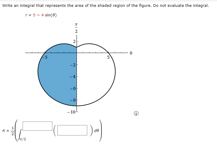 Write an integral that represents the area of the shaded region of the figure. Do not evaluate the integral.
r = 5-4 sin(8)
1
C
2
π/2
A ==
5
KIN
2
N
-2
-4
-6
-8
-10
de
5
0