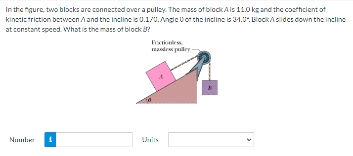 In the figure, two blocks are connected over a pulley. The mass of block A is 11.0 kg and the coefficient of
kinetic friction between A and the incline is 0.170. Angle 8 of the incline is 34.0°. Block A slides down the incline
at constant speed. What is the mass of block B?
Frictionless,
massless pulley-
Number
M
Units
B