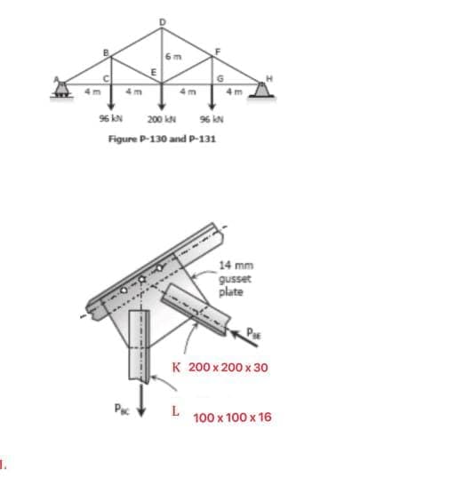 4 m
4m
96 kN
200 kN % kN
Figure P-130 and P-131
14 mm
gusset
plate
Pa
K 200 x 200 x 30
L
100 x 100 x 16
