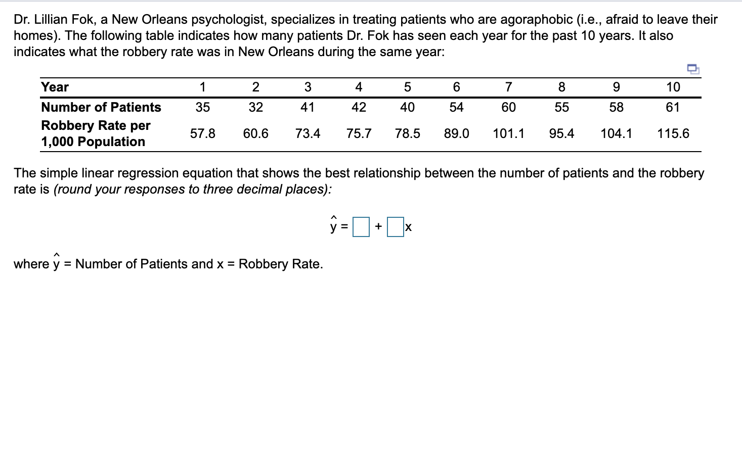 Dr. Lillian Fok, a New Orleans psychologist, specializes in treating patients who are agoraphobic (i.e., afraid to leave their
homes). The following table indicates how many patients Dr. Fok has seen each year for the past 10 years. It also
indicates what the robbery rate was in New Orleans during the same year:
Year
1
2
3
4
6
7
8
10
Number of Patients
35
32
41
42
40
54
60
55
58
61
Robbery Rate per
1,000 Population
57.8
60.6
73.4
75.7
78.5
89.0
101.1
95.4
104.1
115.6
The simple linear regression equation that shows the best relationship between the number of patients and the robbery
rate is (round your responses to three decimal places):
+
where y = Number of Patients and x = Robbery Rate.
