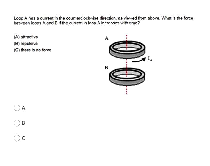 Loop A has a current in the counterclockwise direction, as viewed from above. What is the force
between loops A and B if the current in loop A increases with time?
(A) attractive
A
(B) repulsive
(C) there is no force
B
OA
00
