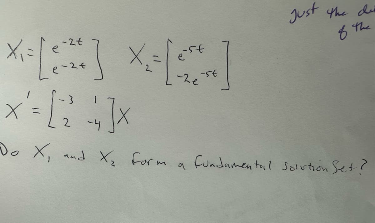 x₁ = Le
x'= [²2²
Do X₁ and X₂ Form
-2t
e-2x
-4
X.
]X
-st
-2e
-5€
Just
the dis
of the
a fundamental Solution Set?