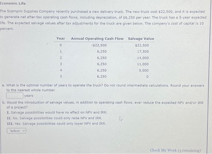 Economic Life
The Scampini Supplies Company recently purchased a new delivery truck. The new truck cost $22,500, and it is expected
to generate net after-tax operating cash flows, including depreciation, of $6,250 per year. The truck has a 5-year expected
life. The expected salvage values after tax adjustments for the truck are given below. The company's cost of capital is 10
percent.
Year
0
1
2
3
4
5
Annual Operating Cash Flow Salvage Value
-$22,500
6,250
6,250
6,250
6,250
6,250
$22,500
17,500
14,000
11,000
5,000
0
a. What is the optimal number of years to operate the truck? Do not round intermediate calculations. Round your answers
to the nearest whole number.
years
b. Would the introduction of salvage values, in addition to operating cash flows, ever reduce the expected NPV and/or IRR
of a project?
I. Salvage possibilities would have no effect on NPV and IRR..
II. No, Salvage possibilities could only raise NPV and IRR.
III. Yes, Salvage possibilities could only lower NPV and IRR.
Select v
4
Check My Work (3 remaining)