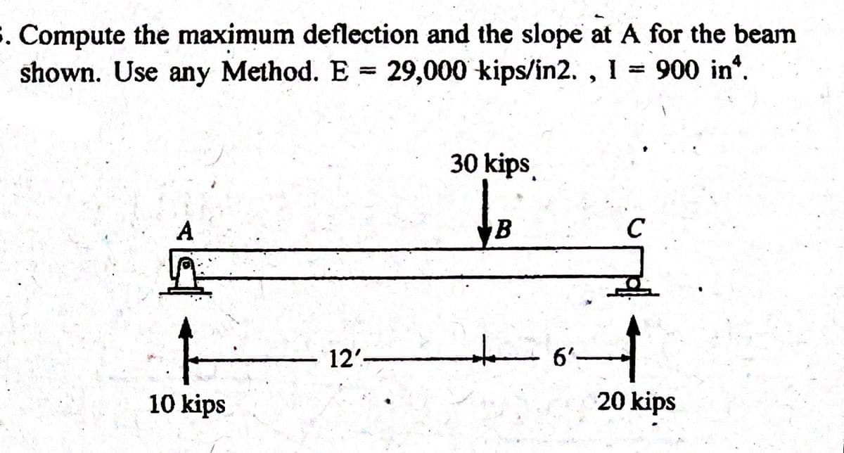 3. Compute the maximum deflection and the slope at A for the beam
shown. Use any Method. E = 29,000 kips/in2., I = 900 in^.
10 kips
12'-
30 kips
B
to
6'-
C
20 kips