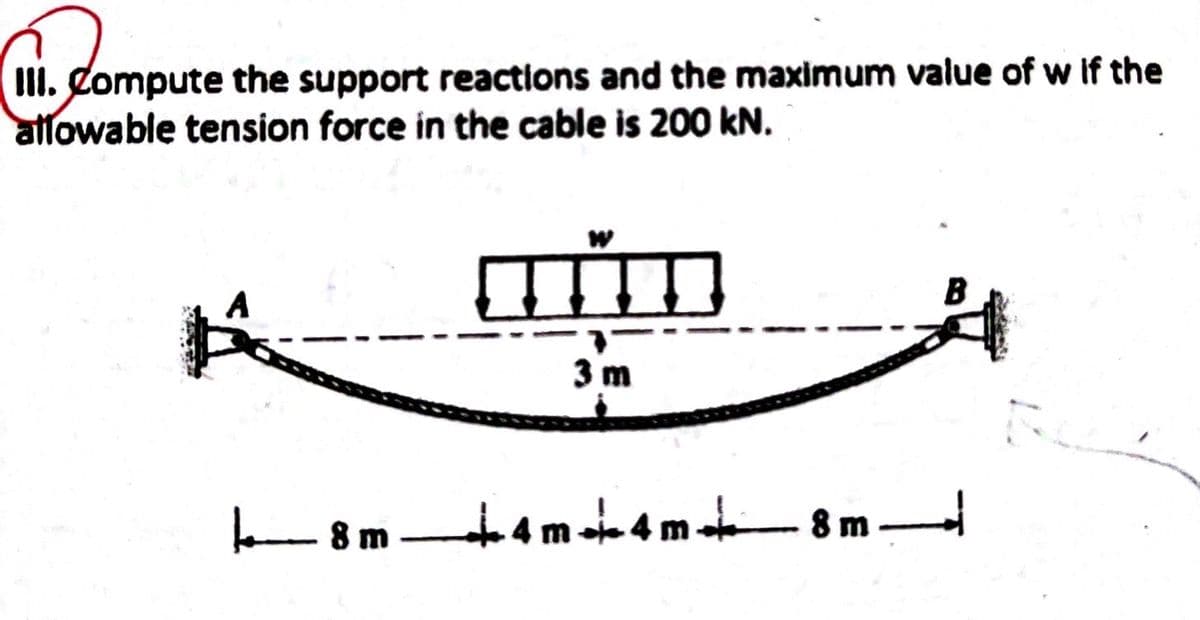 III. Compute the support reactions and the maximum value of w if the
allowable tension force in the cable is 200 kN.
18m
3m
+4m4m 8m