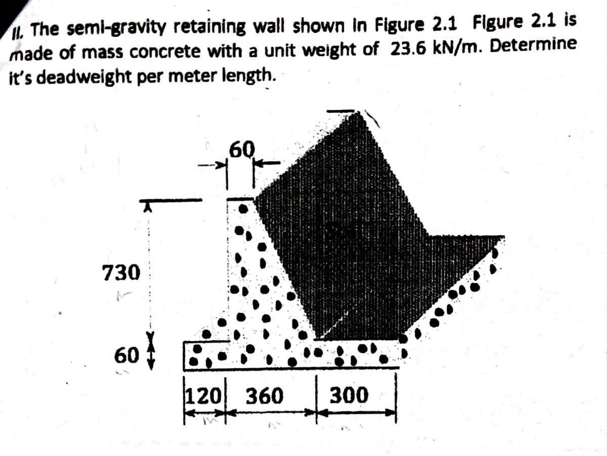 II. The semi-gravity retaining wall shown in Figure 2.1 Figure 2.1 is
made of mass concrete with a unit weight of 23.6 kN/m. Determine
it's deadweight per meter length.
730
60
60
120 360
300