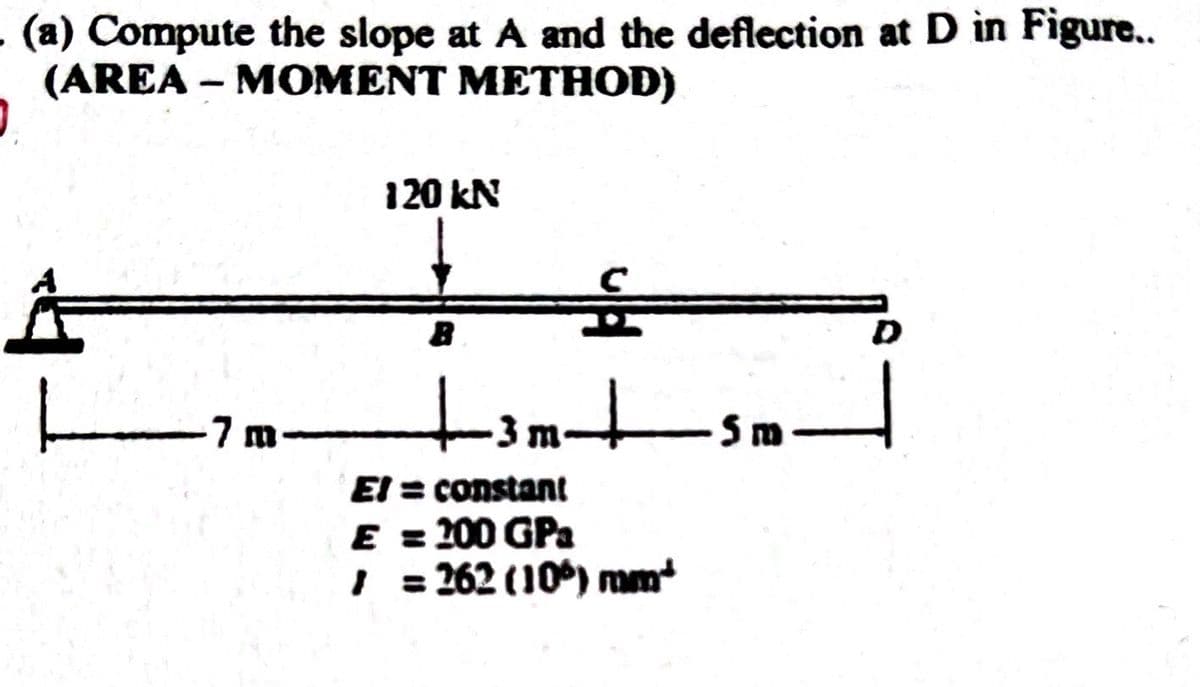 (a) Compute the slope at A and the deflection at D in Figure..
(AREA - MOMENT METHOD)
0
L
7 m
120 kN
B
+3m+5m
El = constant
E = 200 GPa
/ = 262 (10) mm