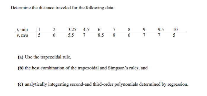 Determine the distance traveled for the following data:
1, min
v, m/s
1
5
26
6
3.25
5.5
4.5 6
47
7
7
78
8.5 8
8
6
9
7
(a) Use the trapezoidal rule,
(b) the best combination of the trapezoidal and Simpson's rules, and
9.5
7
10
5
(c) analytically integrating second-and third-order polynomials determined by regression.