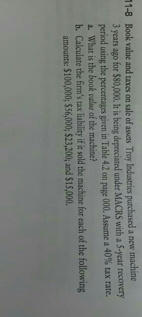 11-8 Book value and taxes on sale of assets Troy Industries purchased a new machine
3 years ago for $80,000. It is being depreciated under MACRS with a 5-year recovery
period using the percentages given in Table 4.2 on page 000. Assume a 40% tax rate.
a. What is the book value of the machine?
b. Calculate the firm's tax liability if it sold the machine for each of the following
amounts: $100,000; $56,000; $23,200; and $15,000.
