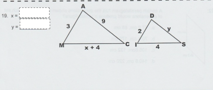 A
19. x =
D
y = ;
3
2
M
x + 4
4
