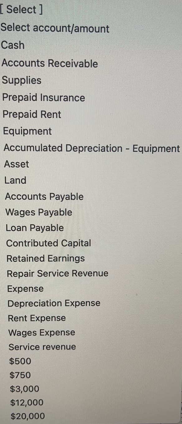 [ Select ]
Select account/amount
Cash
Accounts Receivable
Supplies
Prepaid Insurance
Prepaid Rent
Equipment
Accumulated Depreciation Equipment
Asset
Land
Accounts Payable
Wages Payable
Loan Payable
Contributed Capital
Retained Earnings
Repair Service Revenue
Expense
Depreciation Expense
Rent Expense
Wages Expense
Service revenue
$500
$750
$3,000
$12,000
$20,000
