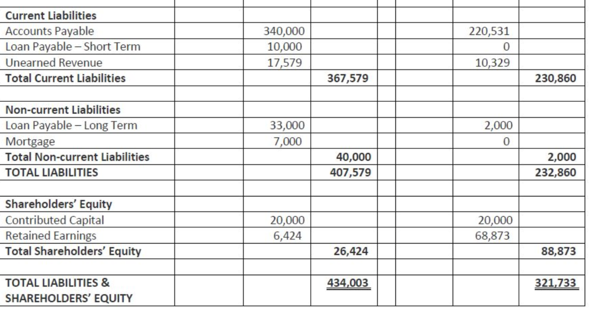 Current Liabilities
Accounts Payable
Loan Payable - Short Term
Unearned Revenue
Total Current Liabilities
220,531
340,000
10,000
17,579
10,329
367,579
230,860
Non-current Liabilities
Loan Payable - Long Term
Mortgage
33,000
7,000
2,000
Total Non-current Liabilities
40,000
2,000
TOTAL LIABILITIES
407,579
232,860
Shareholders' Equity
Contributed Capital
Retained Earnings
Total Shareholders' Equity
20,000
6,424
20,000
68,873
26,424
88,873
TOTAL LIABILITIES &
434,003
321,733
SHAREHOLDERS' EQUITY
