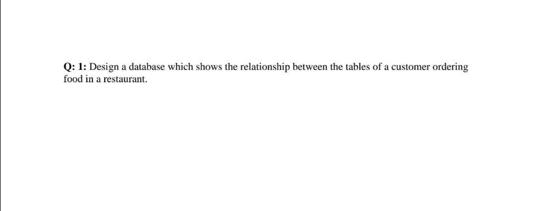 Q: 1: Design a database which shows the relationship between the tables of a customer ordering
food in a restaurant.
