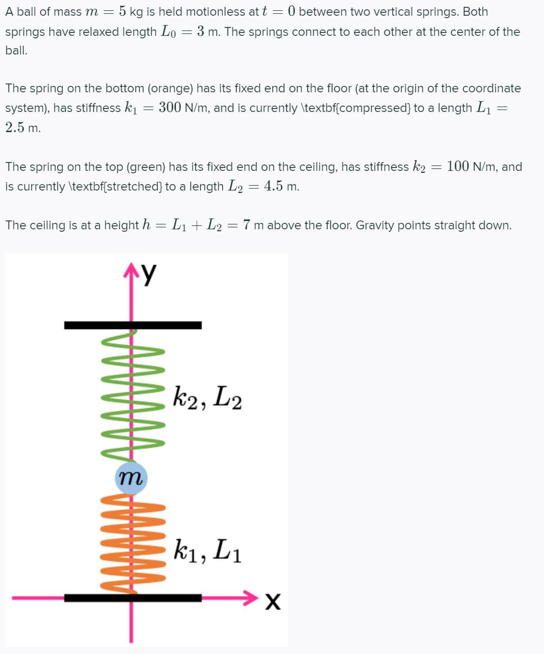 ### Understanding the Dynamics of a Mass-Spring System

#### System Overview
A ball of mass \( m = 5 \, \text{kg} \) is held motionless at \( t = 0 \) between two vertical springs. Both springs have a relaxed length \( L_0 = 3 \, \text{m} \). The springs connect to each other at the center of the ball.

#### Specifications

1. **Bottom Spring (Orange)**
   - **Fixed Point:** Its fixed end is positioned on the floor, which is defined as the origin of the coordinate system.
   - **Stiffness:** \( k_1 = 300 \, \text{N/m} \)
   - **Current State:** It is compressed to a length \( L_1 = 2.5 \, \text{m} \).

2. **Top Spring (Green)**
   - **Fixed Point:** Its fixed end is attached to the ceiling.
   - **Stiffness:** \( k_2 = 100 \, \text{N/m} \)
   - **Current State:** It is stretched to a length \( L_2 = 4.5 \, \text{m} \).

3. **Ceiling Height**
   - The ceiling is at a height \( h = L_1 + L_2 = 7 \, \text{m} \) above the floor.
   - Gravity acts in the downward direction.

#### Diagram Explanation

The accompanying diagram depicts the system as follows:

- A ball (denoted as \( m \)) is located between two springs.
- The bottom spring, shown in orange, is compressed.
- The top spring, shown in green, is stretched.
- The coordinate axes \( x \) and \( y \) are shown in pink, with \( y \) pointing upwards and \( x \) to the right.
- The fixed endpoints of the springs are black lines representing the ceiling and the floor.

The diagram helps visualize the mechanical equilibrium of the system, where the forces due to the springs balance the gravitational force acting on the mass.

---

This setup is commonly used in physics to understand how springs and masses interact under forces such as gravity, providing insight into concepts like Hooke’s Law, equilibrium, and energy transfer in oscillatory systems.