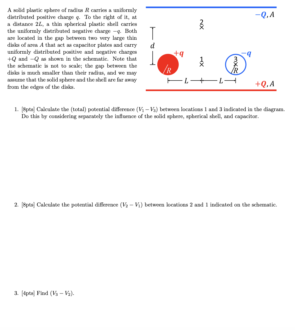 A solid plastic sphere of radius R carries a uniformly
distributed positive charge q. To the right of it, at
a distance 2L, a thin spherical plastic shell carries
the uniformly distributed negative charge -q. Both
are located in the gap between two very large thin
disks of area A that act as capacitor plates and carry
uniformly distributed positive and negative charges
+Q and Q as shown in the schematic. Note that
the schematic is not to scale; the gap between the
disks is much smaller than their radius, and we may
assume that the solid sphere and the shell are far away
from the edges of the disks.
T
d
+9
/R
NX
支
HX
L
(FXW)
զ
-Q, A
+Q, A
1. [8pts] Calculate the (total) potential difference (V₁ - V3) between locations 1 and 3 indicated in the diagram.
Do this by considering separately the influence of the solid sphere, spherical shell, and capacitor.
2. [8pts] Calculate the potential difference (V2 - V₁) between locations 2 and 1 indicated on the schematic.
3. [4pts] Find (V3 - V2).