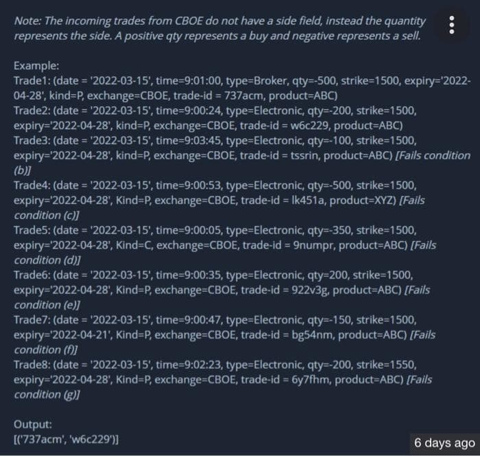 Note: The incoming trades from CBOE do not have a side field, instead the quantity
represents the side. A positive qty represents a buy and negative represents a sell.
Example:
Trade1: (date= '2022-03-15', time-9:01:00, type=Broker, qty=-500, strike-1500, expiry=¹2022-
04-28', kind=P, exchange-CBOE, trade-id=737acm, product-ABC)
Trade2: (date='2022-03-15', time-9:00:24, type=Electronic, qty=-200, strike-1500,
expiry='2022-04-28', kind-P, exchange=CBOE, trade-id=w6c229, product=ABC)
Trade3: (date = '2022-03-15', time-9:03:45, type=Electronic, qty=-100, strike-1500,
expiry='2022-04-28', kind=P, exchange=CBOE, trade-id=tssrin, product-ABC) [Fails condition
(b)]
Trade4: (date='2022-03-15', time-9:00:53, type=Electronic, qty=-500, strike-1500,
expiry='2022-04-28', Kind-P, exchange-CBOE, trade-id = Ik451a, product=XYZ) [Fails
condition (c)]
Trade5: (date='2022-03-15', time-9:00:05, type=Electronic, qty=-350, strike-1500,
expiry='2022-04-28', Kind=C, exchange-CBOE, trade-id=9numpr, product-ABC) [Fails
condition (d)]
Trade6: (date = '2022-03-15', time-9:00:35, type=Electronic, qty=200, strike-1500,
expiry='2022-04-28', Kind-P, exchange=CBOE, trade-id=922v3g, product-ABC) [Fails
condition (e)]
Trade7: (date = '2022-03-15', time-9:00:47, type=Electronic, qty=-150, strike-1500,
expiry=¹2022-04-21', Kind-P, exchange=CBOE, trade-id=bg54nm, product=ABC) [Fails
condition (f)]
Trade8: (date = '2022-03-15', time-9:02:23, type=Electronic, qty=-200, strike-1550,
expiry='2022-04-28', Kind-P, exchange=CBOE, trade-id=6y7fhm, product=ABC) [Fails
condition (g)]
Output:
[('737acm', 'w6c229')]
6 days ago