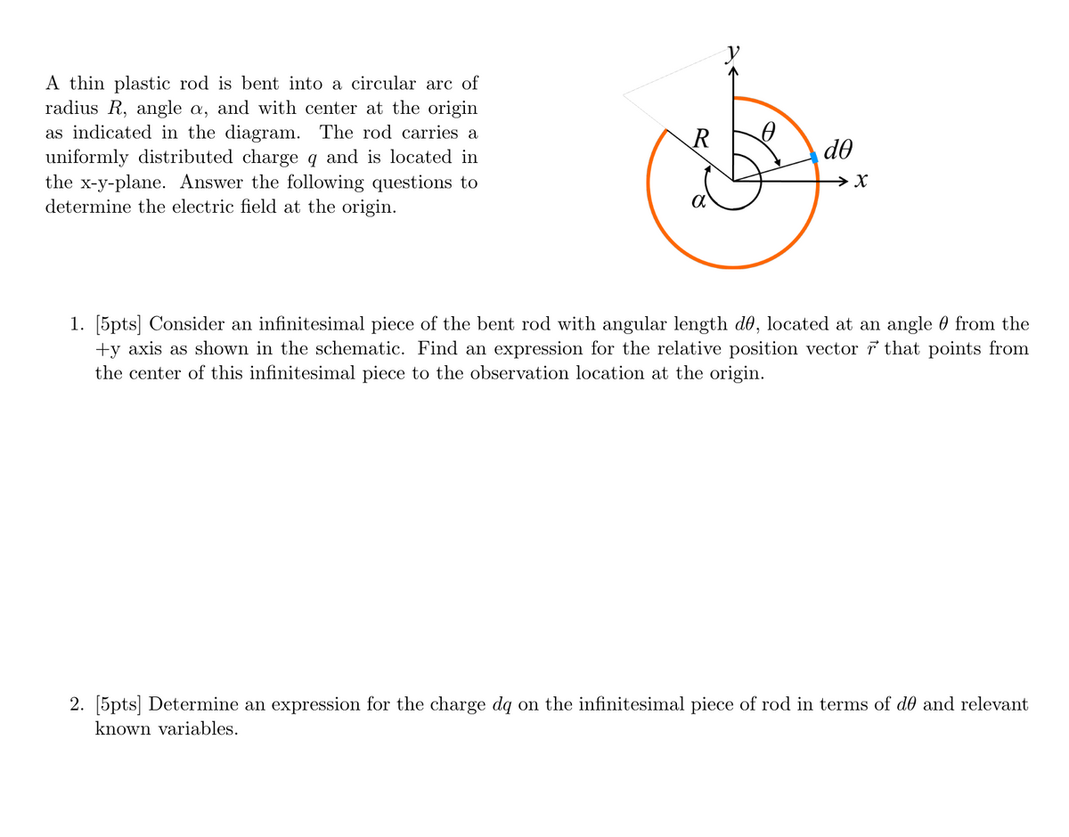 A thin plastic rod is bent into a circular arc of
radius R, angle a, and with center at the origin
as indicated in the diagram. The rod carries a
uniformly distributed charge q and is located in
the x-y-plane. Answer the following questions to
determine the electric field at the origin.
R
de
1. [5pts] Consider an infinitesimal piece of the bent rod with angular length de, located at an angle from the
+y axis as shown in the schematic. Find an expression for the relative position vector that points from
the center of this infinitesimal piece to the observation location at the origin.
2. [5pts] Determine an expression for the charge dq on the infinitesimal piece of rod in terms of de and relevant
known variables.