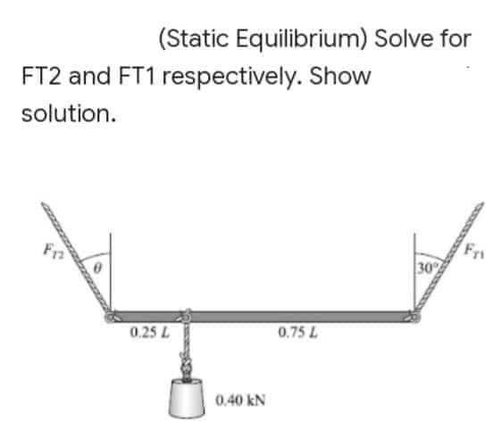 (Static Equilibrium) Solve for
FT2 and FT1 respectively. Show
solution.
F12
0.25 L
0.40 kN
0.75 L
30%
Fri