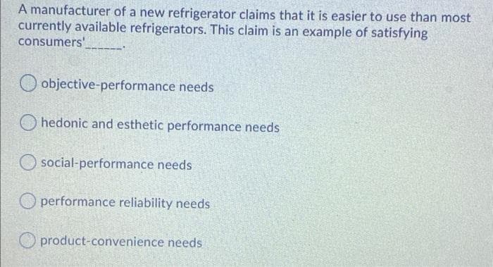 A manufacturer of a new refrigerator claims that it is easier to use than most
currently available refrigerators. This claim is an example of satisfying
consumers'
objective-performance needs
O hedonic and esthetic performance needs
O social-performance needs
O performance reliability needs
product-convenience needs
