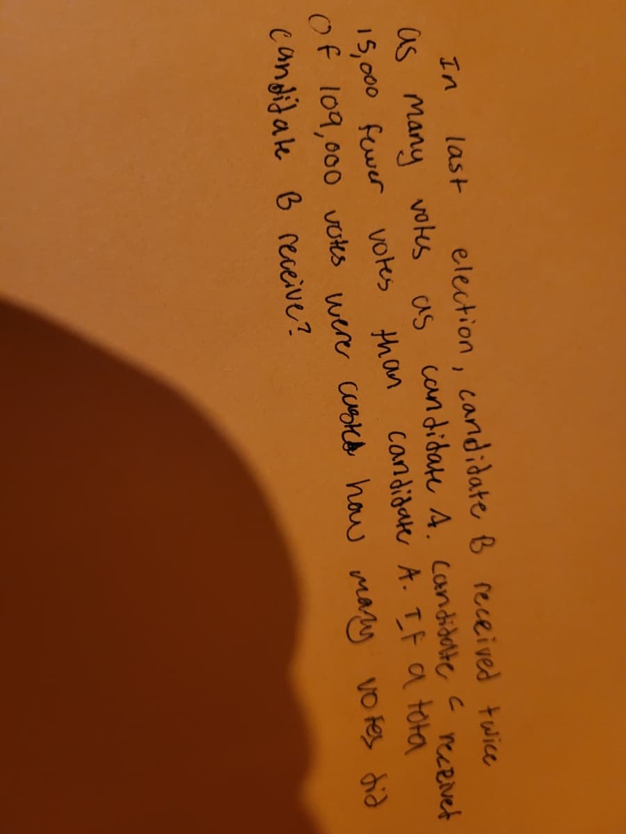 In
last
election, candidate B received twice
as many votes as candidate A. Candidate I received
candidate A. It a tota
с
15,000 fewer votes than
of 109,000 votes were custod how many votes did
candidate B receive?