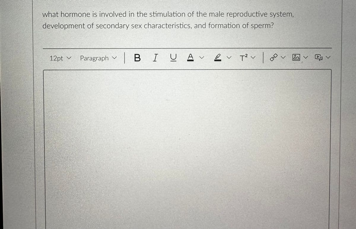 what hormone is involved in the stimulation of the male reproductive system,
development of secondary sex characteristics, and formation of sperm?
Paragraph | BI U AV
v
12pt Paragraph
✓
2 V T²V | V
8
CO