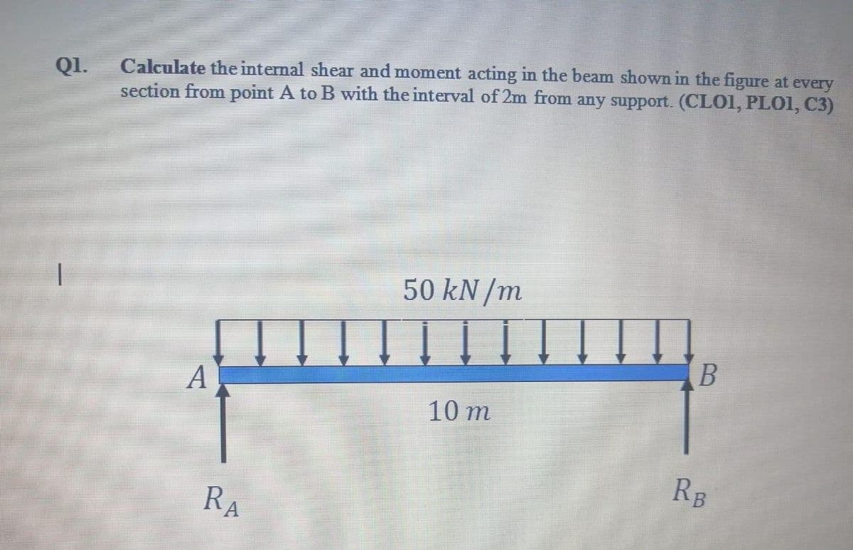 Calculate the internal shear and moment acting in the beam shown in the figure at every
section from point A to B with the interval of 2m from any support. (CLO1, PLO1, C3)
QI.
50 kN/m
A
10 m
RB
RA
